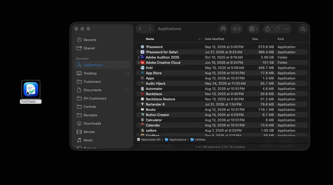 Dragging Txt2Task into the Applications folder