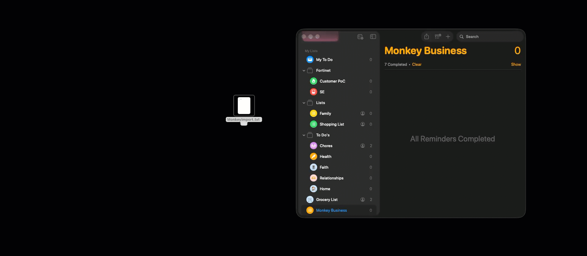 Txt2Task prompting for a source file and a destination list, then importing tasks