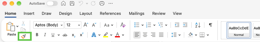 The Format Painter paint brush icon on the Home tab of the Word Ribbon