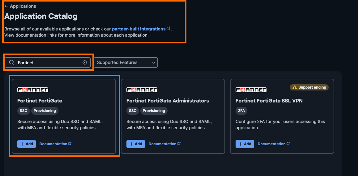 Cisco Duo Application Catalog with the Fortinet FortiGate SSO application
