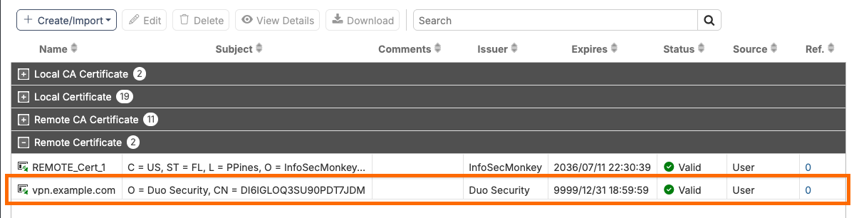 Cisco Duo signing certificate listed under Remote Certificate on the FortiGate