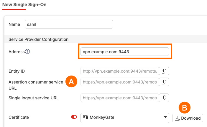 FortiGate Single Sign-On SAML server object for Cisco Duo