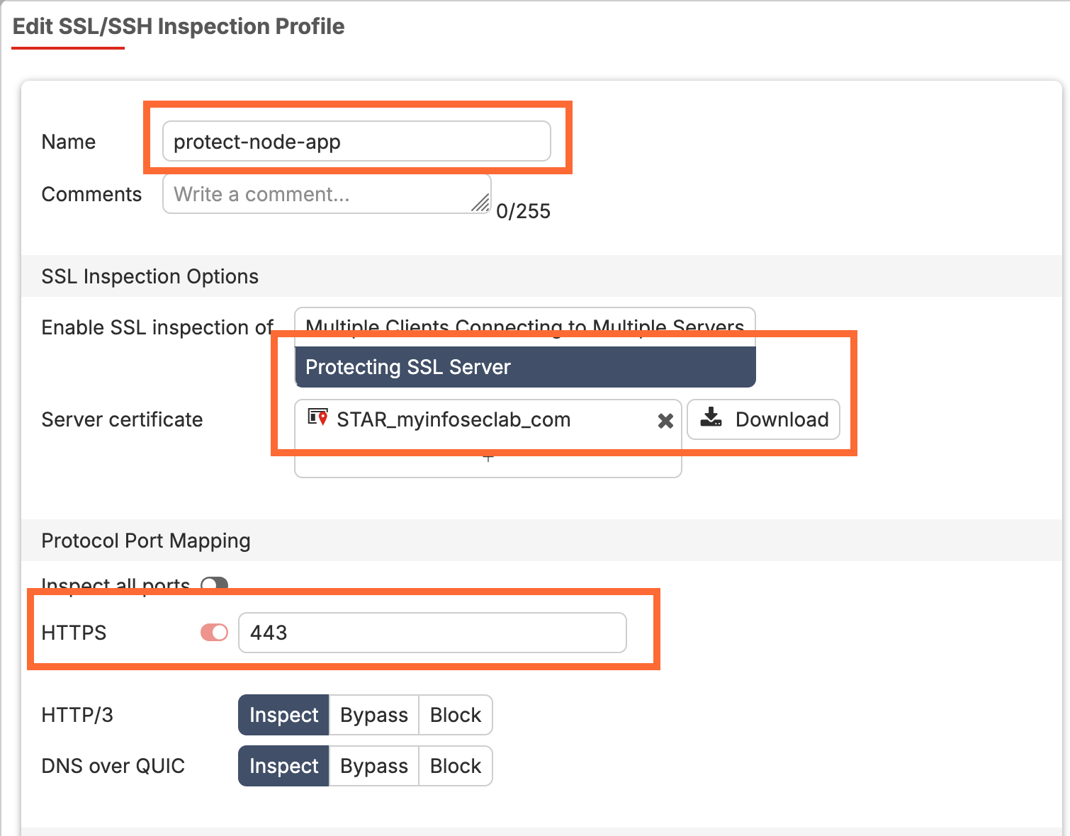 FortiGate GUI SSL/SSH inspection profile protect-node-app using server certificate replacement for the Node.js app