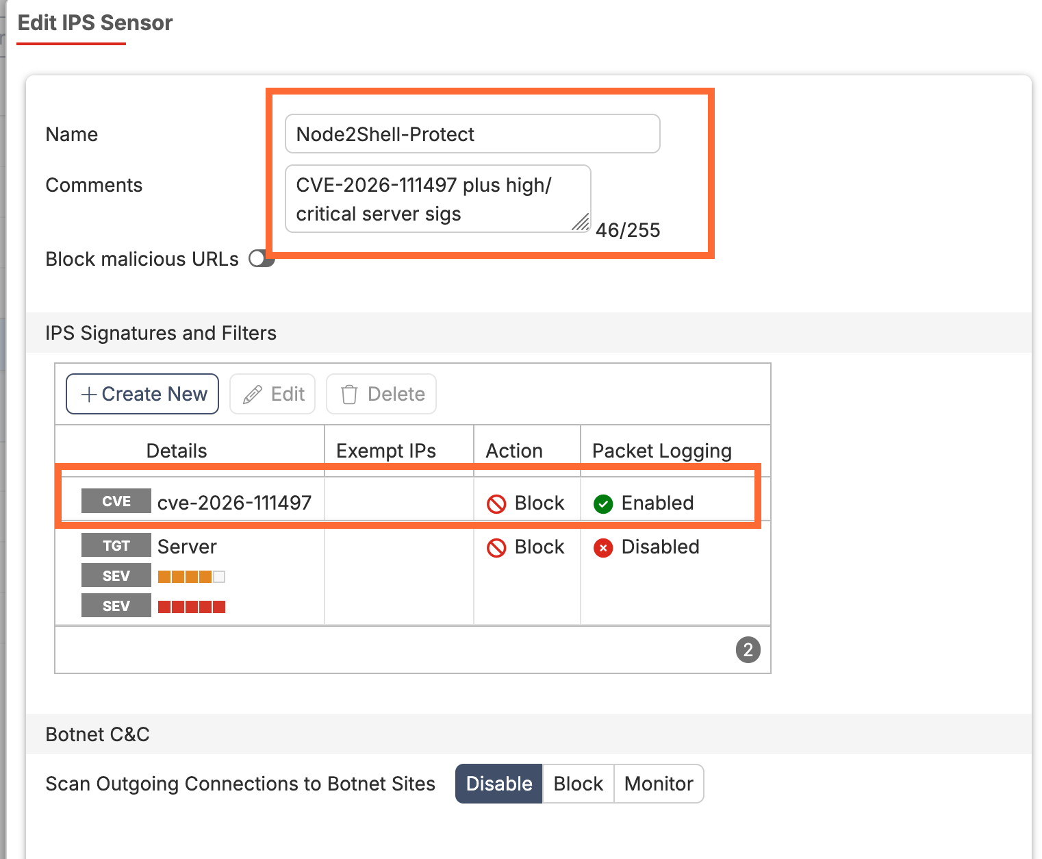 FortiGate GUI IPS sensor Node2Shell-Protect with the CVE-2026-111497 filter entry set to block