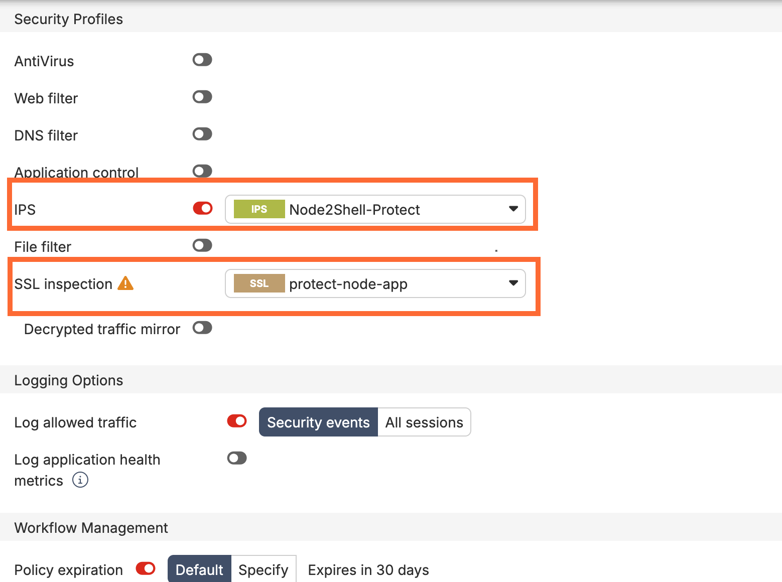 FortiGate GUI firewall policy IN-node-app with VIP-node-app, IPS sensor Node2Shell-Protect and SSL profile protect-node-app