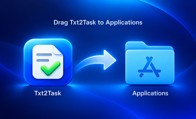 Txt2Task disk image window with the app and Applications folder shortcut